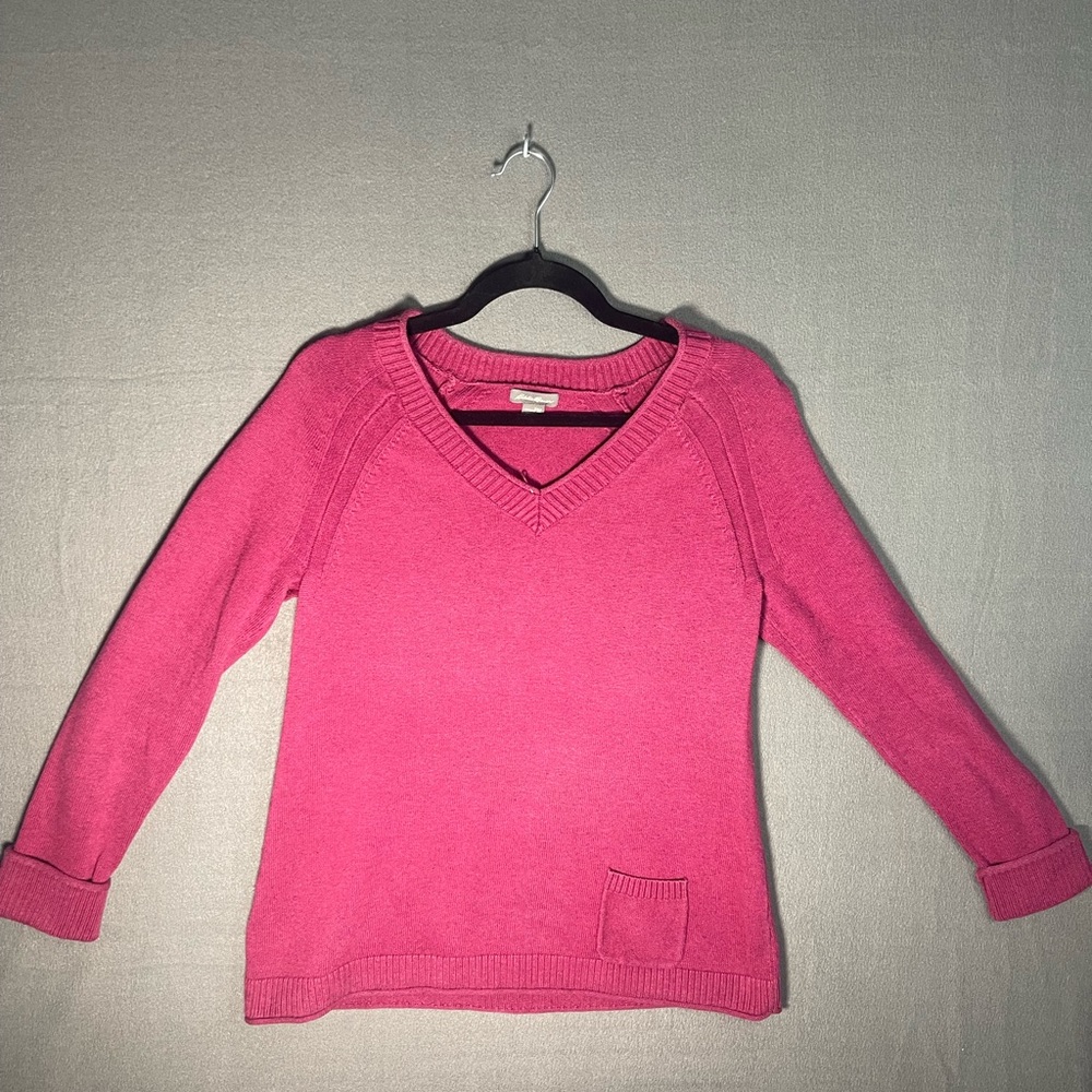 Eddie Bauer Pink/Red V Neck Sweater Womens Medium Cotton Casual Basic Layering